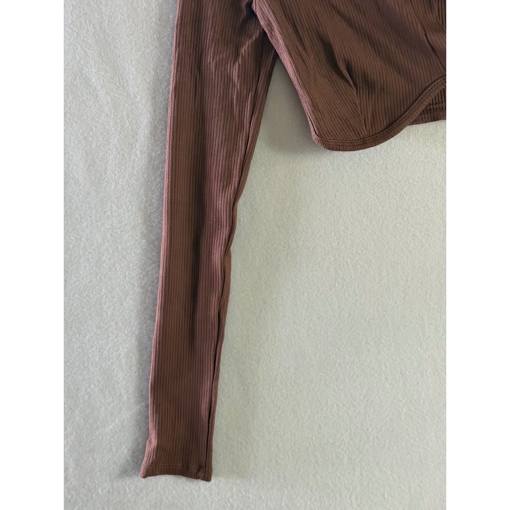Dexire Womens S Crop Top Brown Excellent Ribbed Long Sleeve V-Neck Tulip Hem - Picture 3 of 9